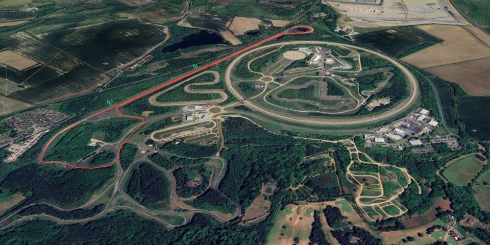 Image taken from Google Earth shows Millbrook site from above with a red line highlighting the Mile Straight